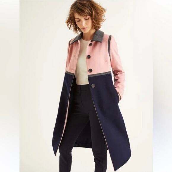 Boden Lovelace wool coat navy gray soft pink colorblock women's 6 R pea coat - Picture 1 of 16